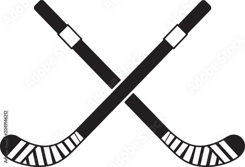 Photography Black and white of two crossed ice hockey sticks with taped blades, isolated on