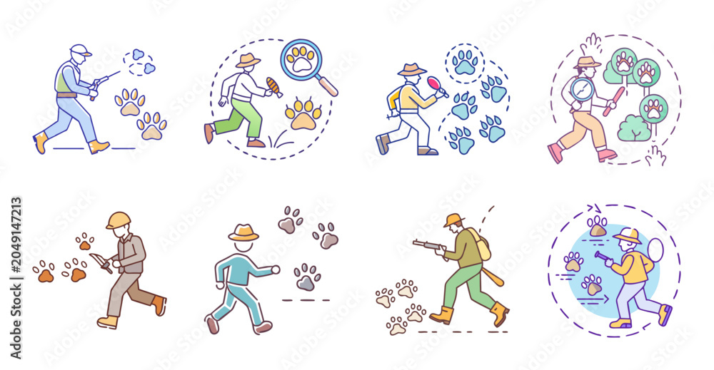 Fototapeta premium Colorful cartoon people doing winter activities - Vibrant vector icons of cheerful people enjoying winter sports and holiday fun in a festive setting.