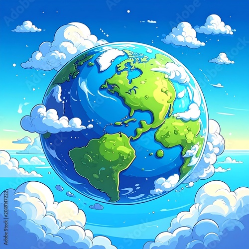 Globe floating in blue sky with clouds.