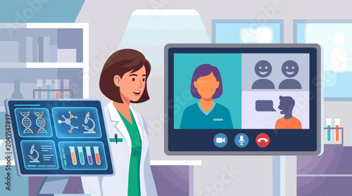 Female doctor in lab coat conducting a telemedicine video conference call while analyzing DNA structures, molecular data, and blood test results on high-tech digital monitors.