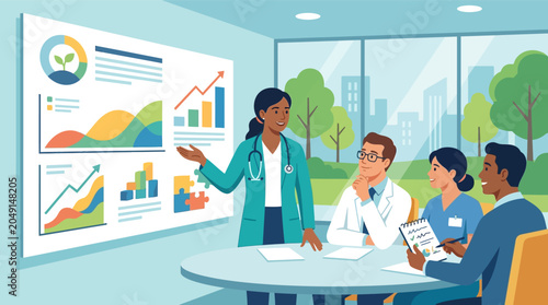 Vector illustration of a female chief pediatrician leading a medical team meeting, presenting healthcare data and growth analytics on a large whiteboard in a modern bright hospital office.