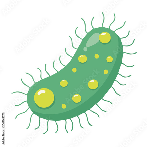 Green bacterium illustration with yellow dots and flagella