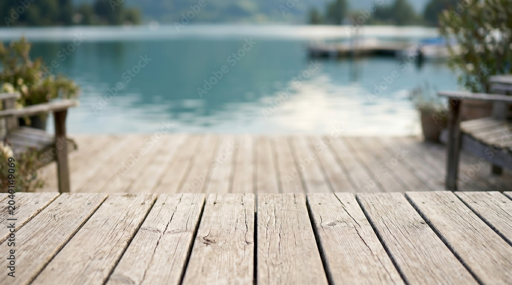 Fototapeta premium Empty wooden deck tabletop with blurred beautiful lake and pier background, selective focus on rustic wood planks texture for product display