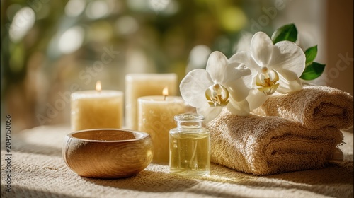 Beautiful spa composition with essential oil, towels and orchids in soft sunlight