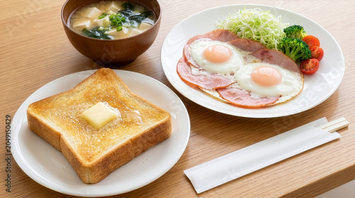 和洋折衷の豪華な朝食モーニングセット、味噌汁とトーストと目玉焼き