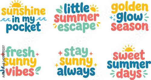 playful summer typography sticker set featuring nine cute hand lettered seasonal phrase designs on isolated background