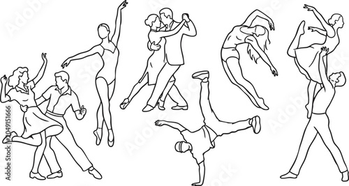 Vector illustration of various dancers and dance poses in black and white line art style with dynamic movements and elegant lines