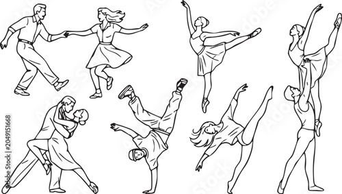 Vector illustration of various dancing people in different styles and poses for graphic design