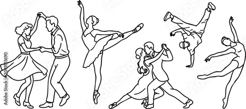 Vector illustration of various dancers and dance styles in different poses and movements with a minimalist line art style and white background