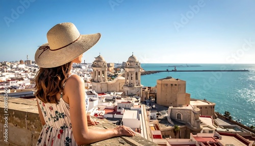 Woman in straw hat overlooking coastal town.