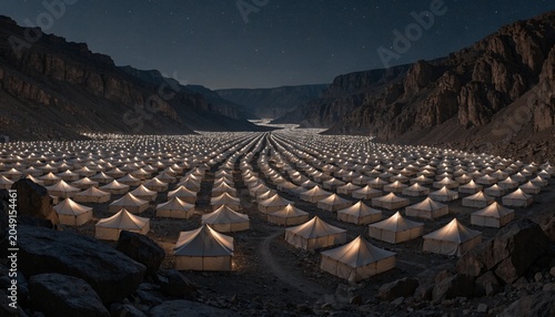 Spectacular glowing night panorama of countless brightly illuminated white canvas tents filling a massive sprawling desert valley offering a magnificent temporary encampment stretching into deep