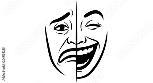 Fotografi Split Face Emotion Illustration Showing Happiness and Sadness.