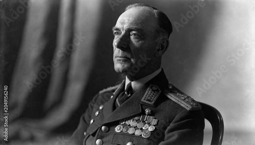 Authentic vintage black and white historical military statesman portrait from the 1920s era featuring a man with a proud expression in a traditional ceremonial uniform with various medals.