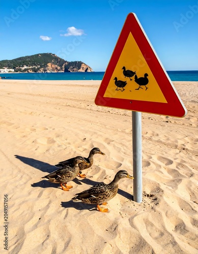 Desert road warning sign with dead birds.