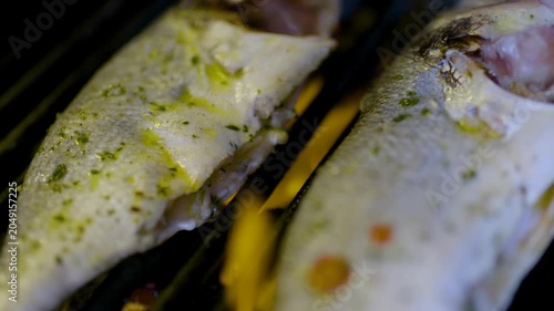 Whole fish grilling over open flames