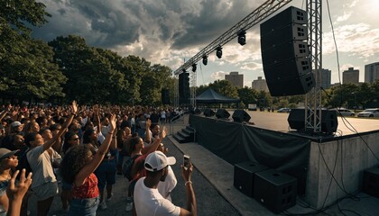 Vibrant Juneteenth Celebration on an Outdoor Park Stage with a Blank Unbranded Banner for Mockup, Featuring a Diverse Crowd Cheering in Unity and Joy During a Cultural Festival Event under Sunlight.