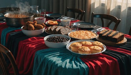 Juneteenth Celebration Feast with Traditional Soul Food Spread on a Table Draped in Red Green and Black Pan-African Colors Commemorating Freedom and Heritage in a Photorealistic Still Life Scene