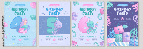 A set of children's birthday invitations with cute sea creatures. Jellyfish, octopus, little mermaid. 4, 5, 6 years old. Vector illustration.