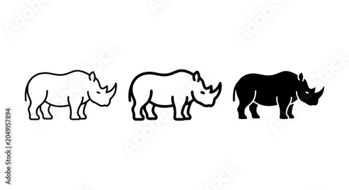 Photography Rhino Icon Set: Simple Line Art and Silhouette Vector Graphics, Wildlife Animal