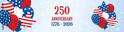 USA 250 Years Anniversary. America Independence Day July 4 2026 banner. Balloons bunch in American flag style with stars and stripes. Vector illustration. United States holiday, USA celebration