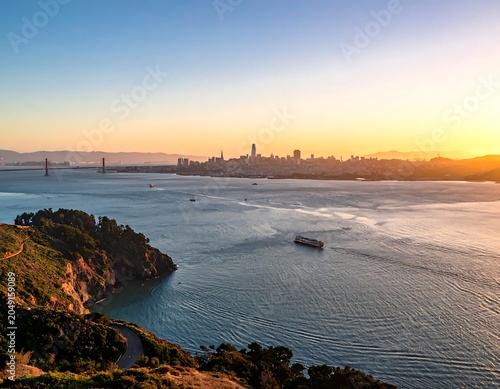 Golden hour coastal landscape with rocky shore.
