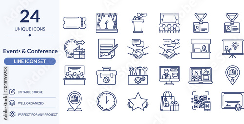 Business Conference and Seminar outline icon set. Featuring podium, microphone, projector, name badge, and schedule symbols. Editable stroke vector 20 icons for corporate event and convention app.
