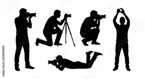 Black Silhouette Photographers Set: Dynamic Action Poses Vector