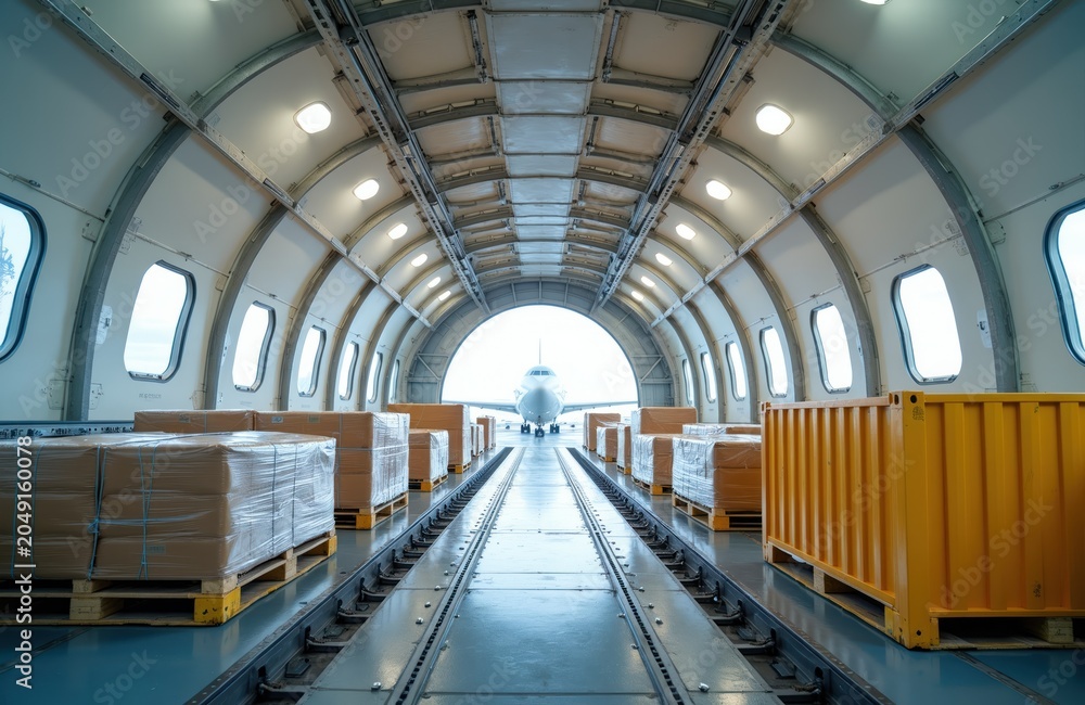 Obraz premium Inside view of cargo plane with palletized boxes and containers. Airplane interior ready for flight, transport logistics. Freight shipping by air cargo aircraft.
