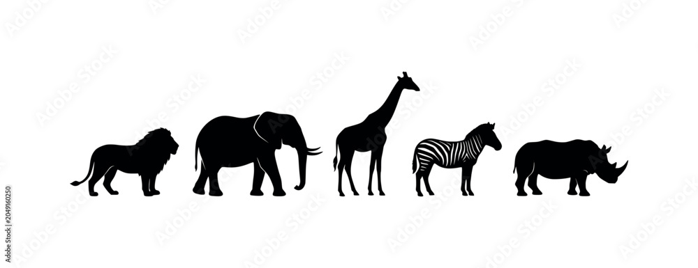 Fototapeta premium Minimalist Flat Design African Safari Animals Black Silhouettes Vector Illustration