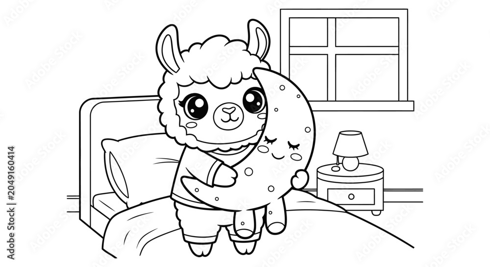 Fototapeta premium Adorable cartoon llama in pajamas hugging a sleeping crescent moon, ready for bedtime. Perfect black and white line art coloring page for children and toddlers.