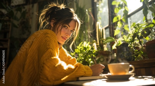 Young woman in yellow sweater writing in notebook. Creative journaling at home with plants and coffee. Sunlit morning routine
