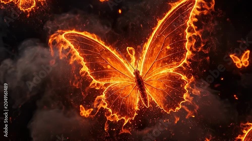 Fiery butterflies emerge from darkness, symbolizing transformation and rebirth