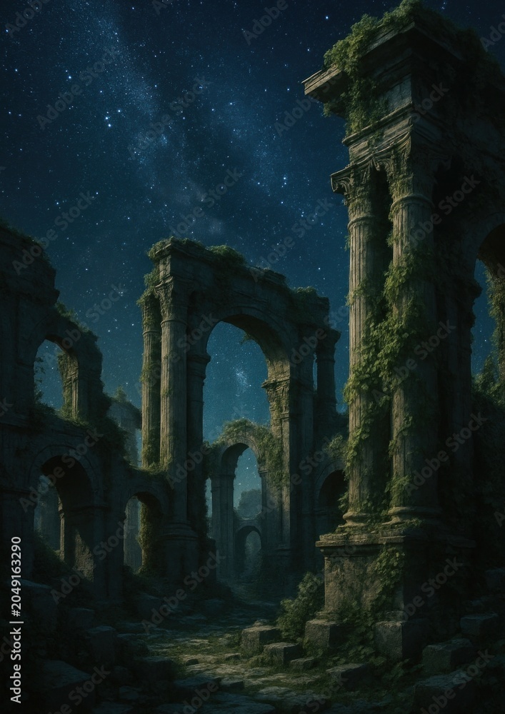 Fototapeta premium Ancient ruins under starry sky