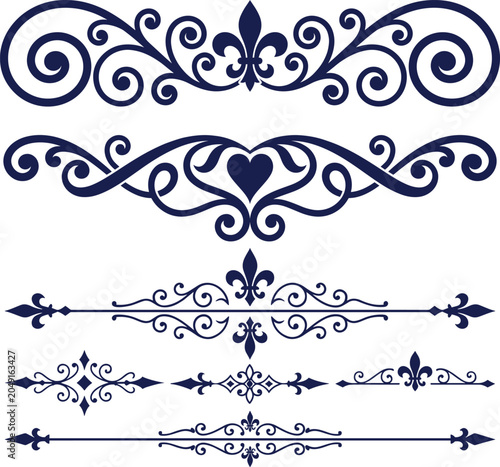 Set of elegant vintage calligraphic page dividers and flourishes for decorative documents.