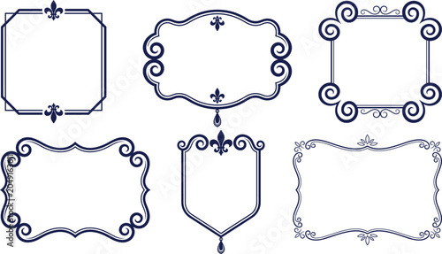 Bild auf Leinwand Shield and cartouche style decorative frames with elegant scroll patterns in navy blue
