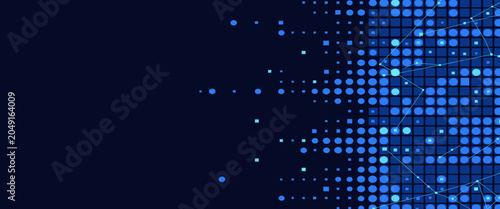 Foto Abstract digital network with glowing blue dots and squares against dark backgro