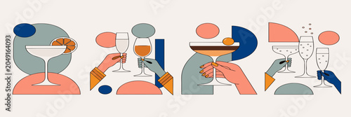 Bild auf Leinwand Cocktail glasses held by abstract hands during a minimalist celebration with fla