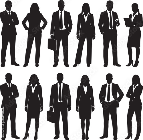 Diverse group of business people, a collection of male and female professional silhouettes in various poses representing a corporate workforce.