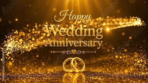 Elegant Golden Wedding Anniversary Celebration with Sparkling Rings and Confetti