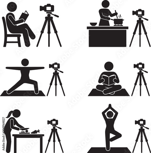 Set of stick figure pictograms showing people recording video content for social media or blogging while performing everyday activities on transparent background.