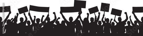 Photos Crowd of protesters with signs and banners marching in demonstration against government policy, silhouette