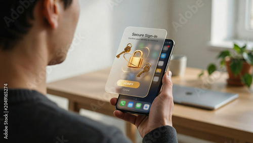 Man holding a smartphone with a futuristic holographic secure sign-in interface showing a golden padlock and keys.