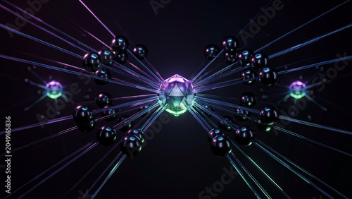 Abstract 3D rendering of a futuristic quantum computing node or molecular structure with glowing crystalline core and neural network connections.