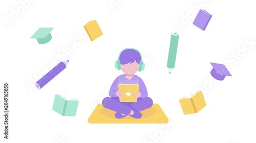 Animated flat vector illustration of a kid studying with a tablet, featuring floating books, pencils, and graduation caps, isolated on a white background, seamless loop 4K video
