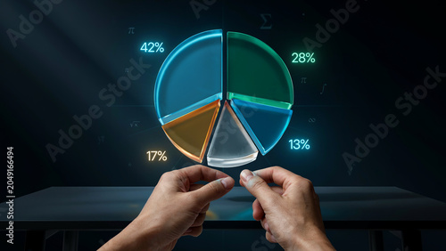 Businessman hands interacting with a futuristic glowing 3D holographic pie chart showing financial percentages on a dark background.