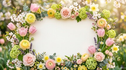 Romantic Spring Floral Wreath Frame on Textured Paper with Copyspace - Garden Flowers, Tulips, Roses, and Ranunculus
