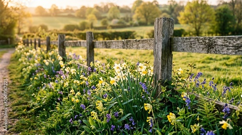 Rustic wooden fence lined with blooming spring wildflowers in a sunlit countryside landscape.