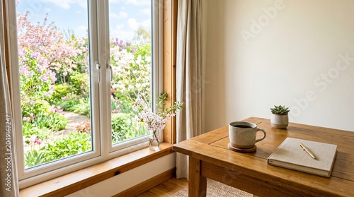Cozy home office setup with a wooden desk, coffee mug, notebook, and a scenic window view of a blooming spring garden.