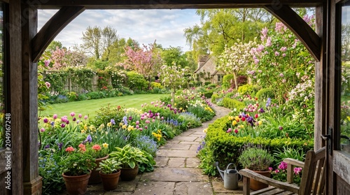 Colorful spring cottage garden filled with blooming flowers and flowering trees in a beautiful rural setting.