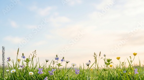 Low angle view of beautiful wild flowers and green grass in a meadow against a bright morning sky with copy space